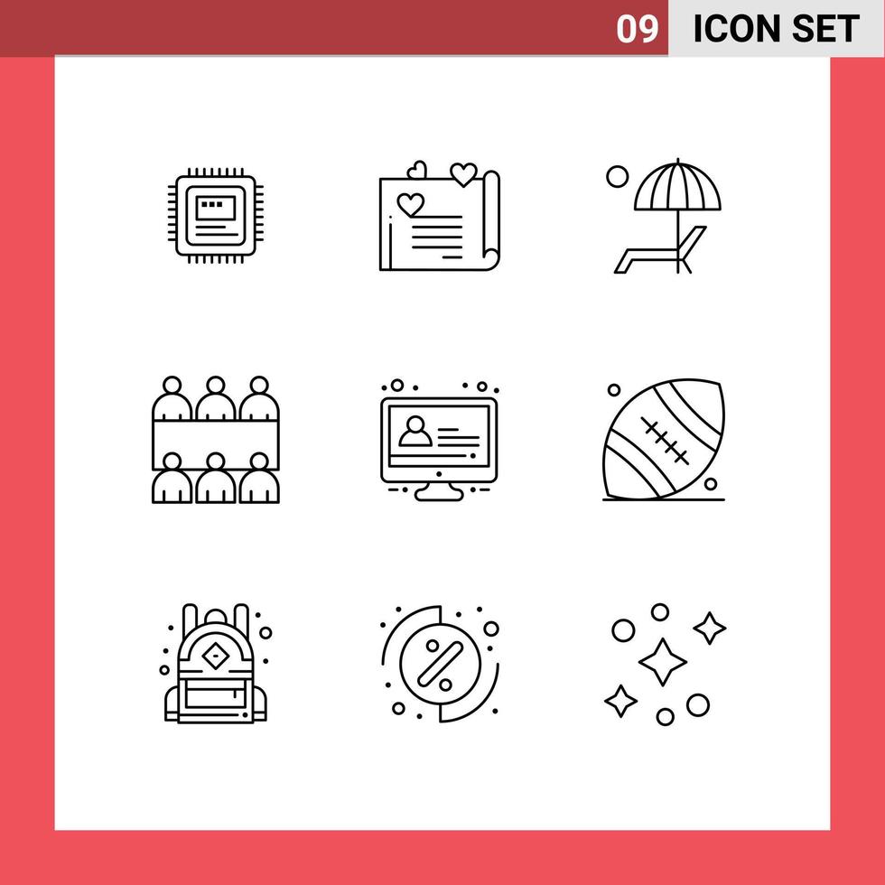conjunto de 9 sinais de símbolos de ícones de interface do usuário modernos para reunião de mesa de educação verão elementos de design de vetores editáveis