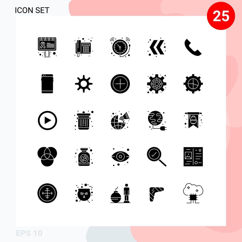 pacote de 25 sinais e símbolos de glifos sólidos modernos para mídia impressa na web, como alarme esquerdo do telefone chevron, relógio editável, elementos de design vetorial vetor