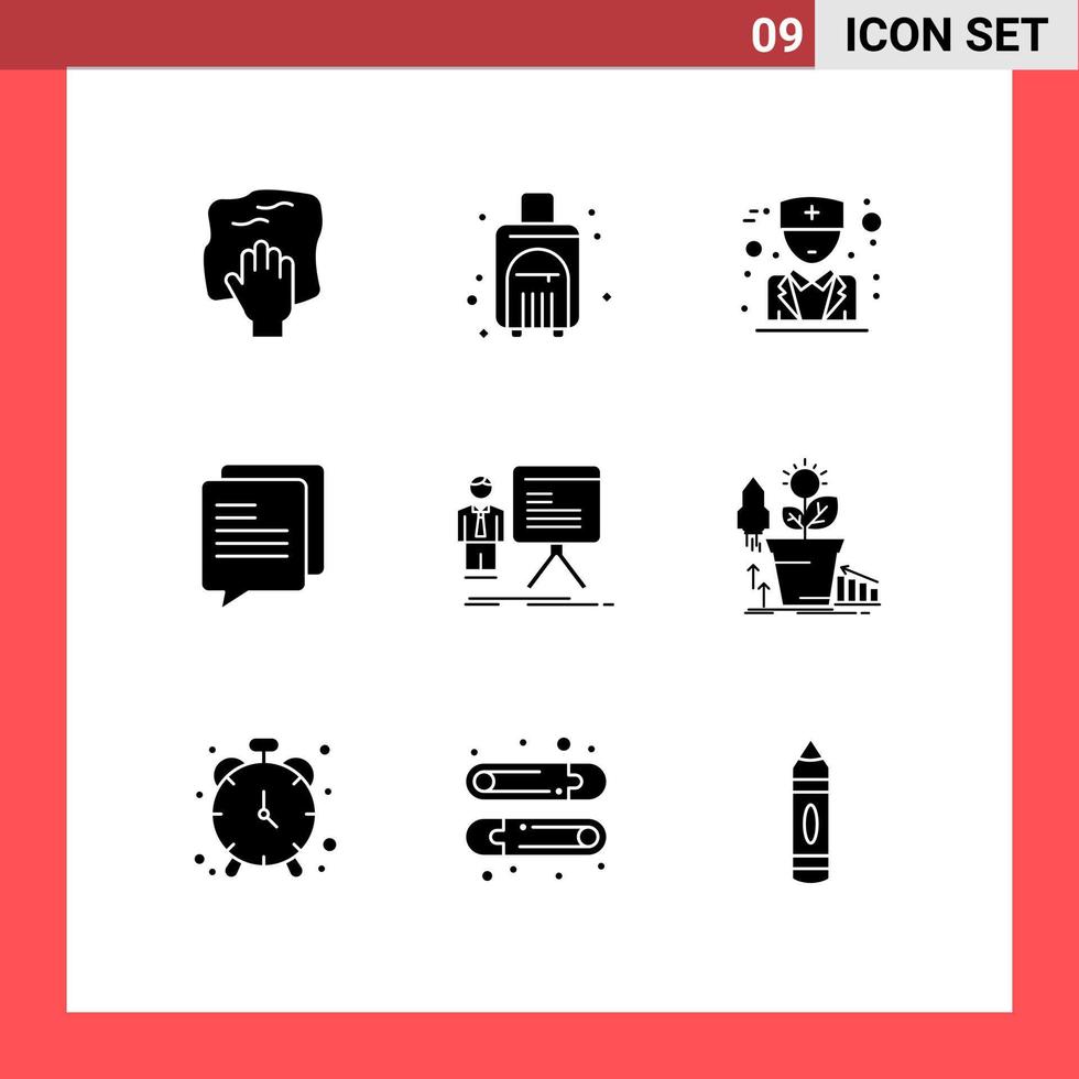 grupo de símbolos de ícone universal de 9 glifos sólidos modernos de apresentação de gráfico mala de viagem mensagem bate-papo elementos de design de vetores editáveis