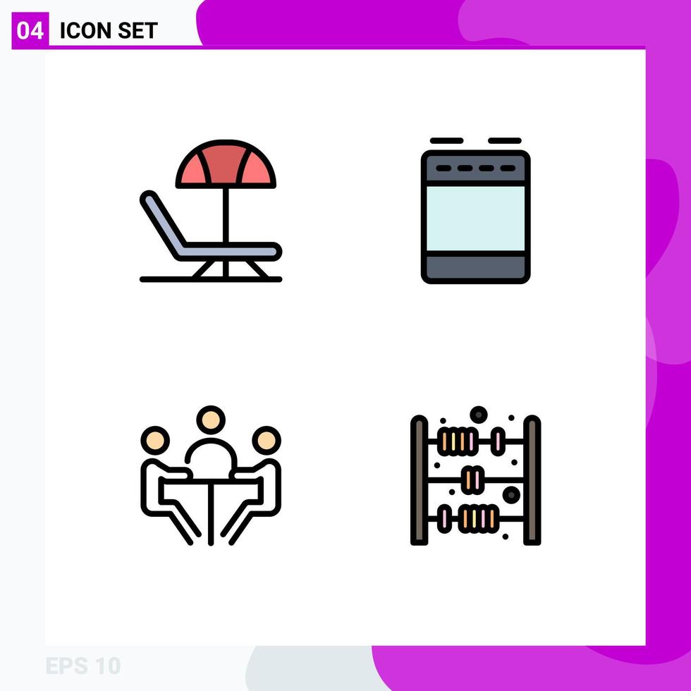 grupo de 4 sinais e símbolos de cores planas de linha preenchida para dispositivos de conferência de praia, forno, reunião de elementos de design de vetores editáveis
