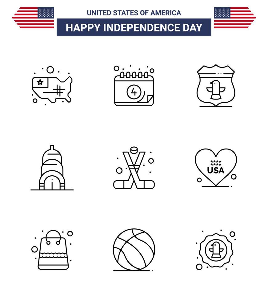 feliz dia da independência dos eua conjunto de pictogramas de 9 linhas simples de escudo de hóquei esportivo eua chrysler editável dia dos eua vetor elementos de design