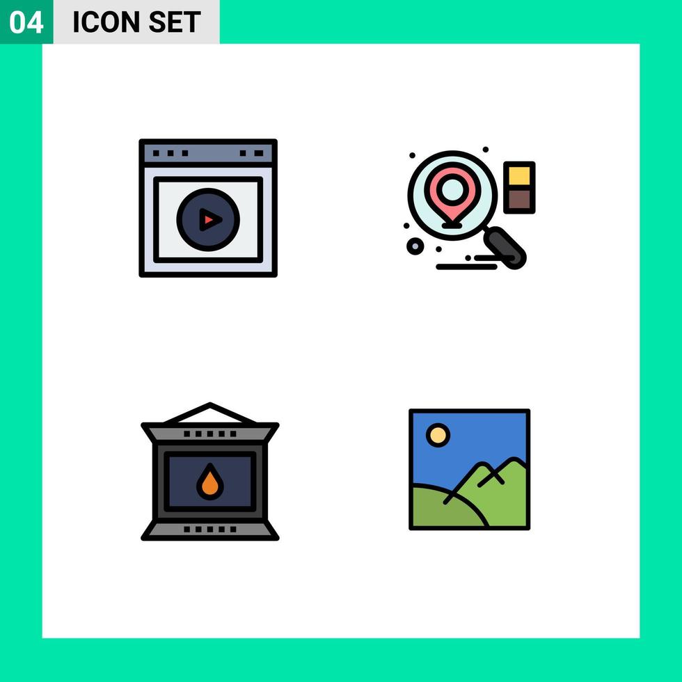 pacote de cores planas de linha preenchida de 4 símbolos universais de pesquisa na web da lâmpada de jogo elementos de design de vetores editáveis de ação de graças
