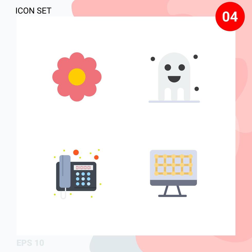 conjunto de 4 pacotes de ícones planos comerciais para celebração de telefone de flor fantasma telegrama editável elementos de design vetorial vetor