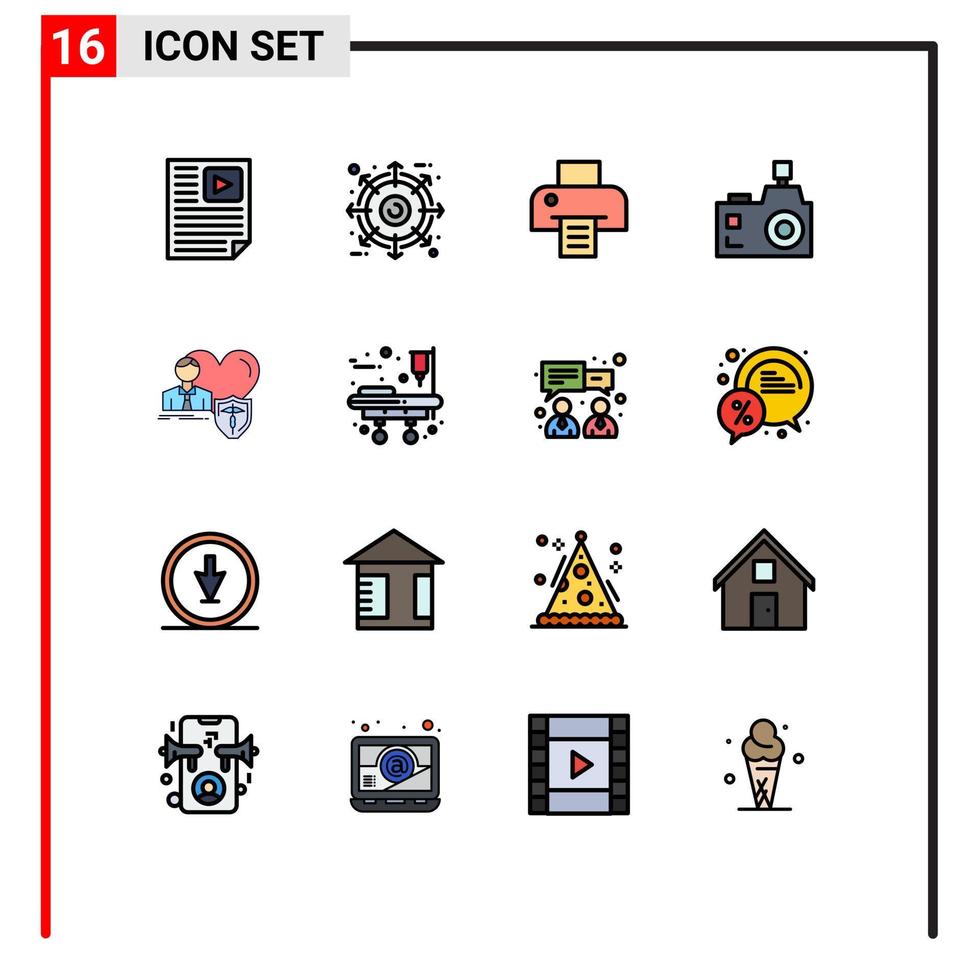 16 linhas preenchidas de cores planas universais definidas para aplicações web e móveis seguro fotógrafo produto flash fotografia câmera editável elementos de design de vetor criativo