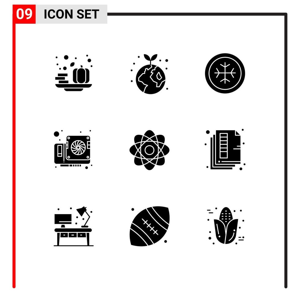 conjunto moderno de 9 glifos e símbolos sólidos, como elementos de design de vetores editáveis de computador de vídeo frio de átomo de química