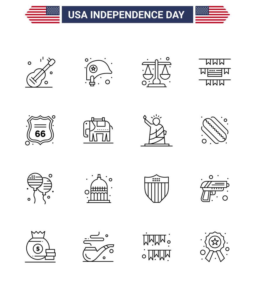 16 sinais de linha para o dia da independência dos eua sinal do tribunal de segurança bandeiras americanas editáveis elementos de design do vetor do dia dos eua