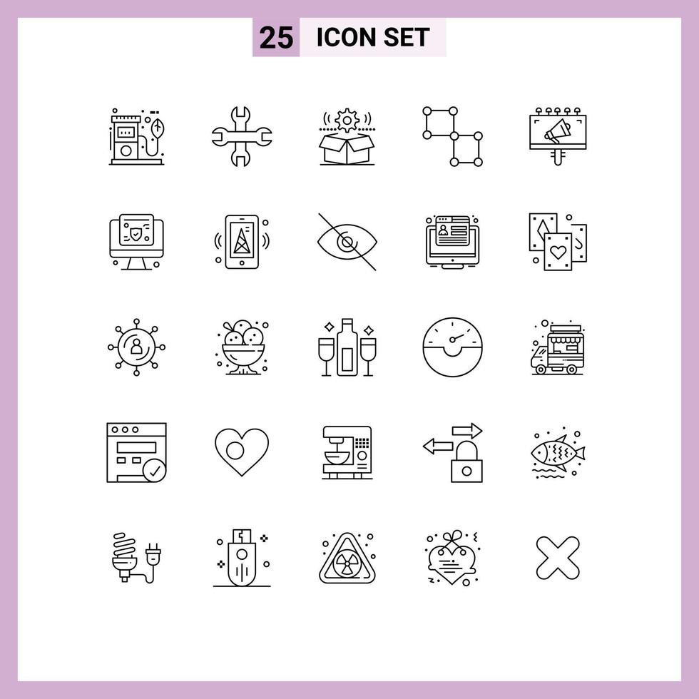 conjunto de linha de interface móvel de 25 pictogramas de configuração de conexão de caixa de ciência de anúncios elementos de design de vetores editáveis