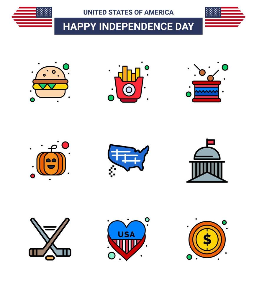 conjunto de 9 ícones do dia dos eua símbolos americanos sinais do dia da independência para mapa unido tambor eua festival americano editável dia dos eua vetor elementos de design