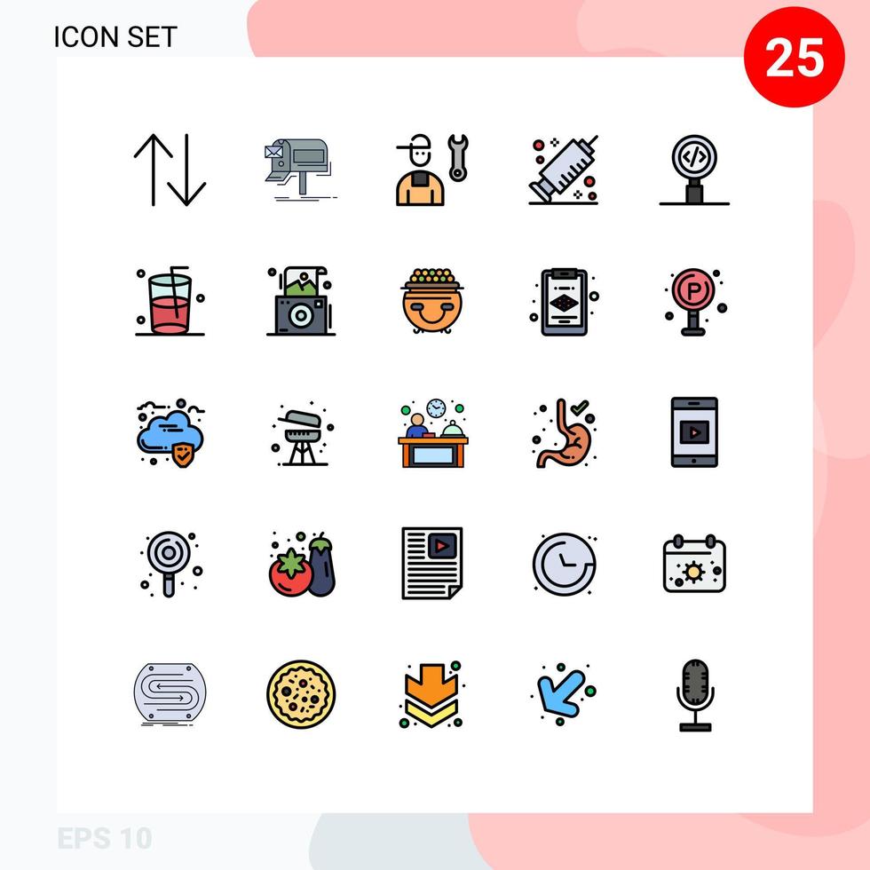 pacote de interface do usuário de 25 cores planas de linha preenchida básica de codificação de vacina avatar serviço de seringa elementos de design de vetores editáveis