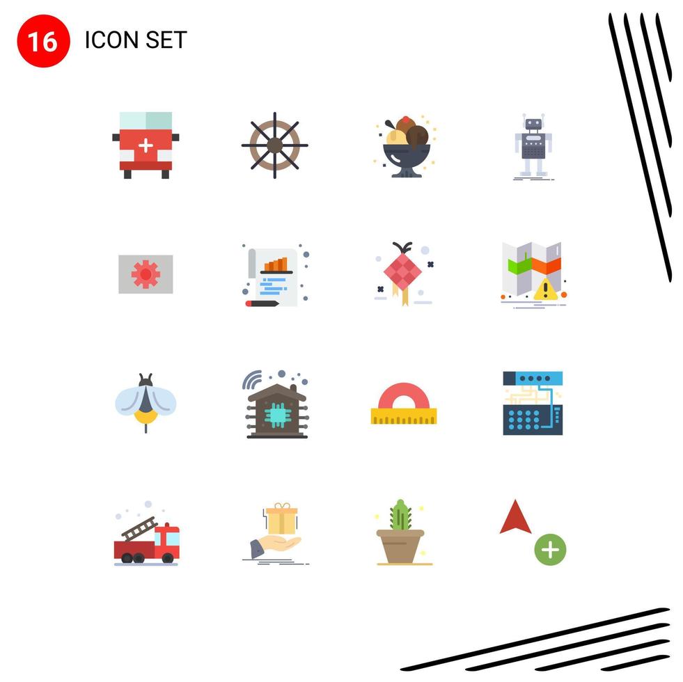 conjunto de cores planas de interface móvel de 16 pictogramas de festa de robô de roda de bot android pacote editável de elementos de design de vetores criativos