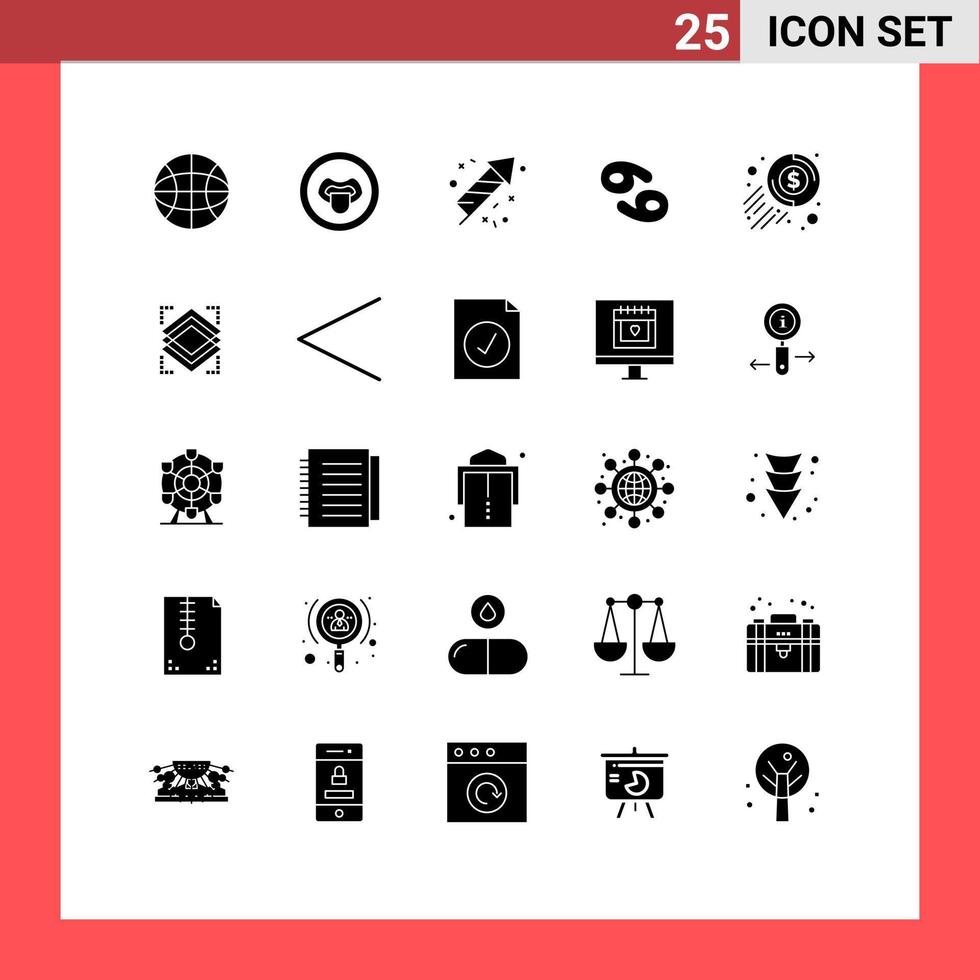 conjunto moderno de 25 glifos e símbolos sólidos, como elementos de design de vetores editáveis do zodíaco, moeda, dólar, fogo