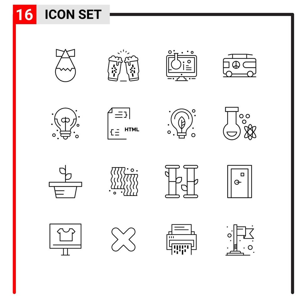 16 pacote de esboço de interface de usuário de sinais e símbolos modernos de grande ideia balão de férias tubo de ensaio hippie elementos de design de vetores editáveis