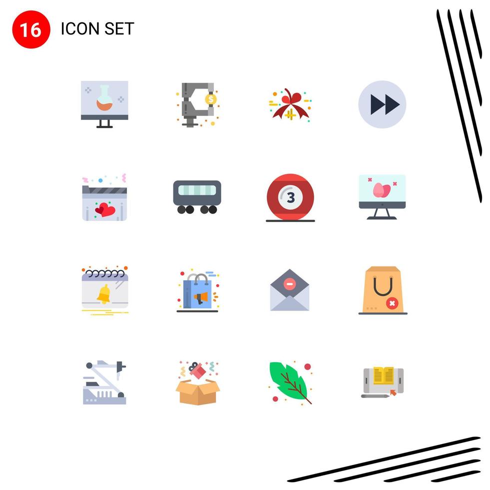 pacote de 16 sinais e símbolos modernos de cores planas para mídia impressa na web, como setas de filme, setas de impostos à direita, pacote editável de elementos de design de vetores criativos