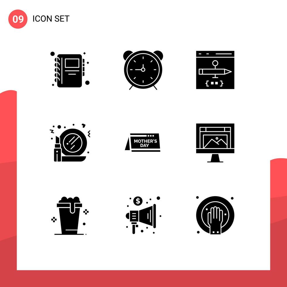 grupo de símbolos de ícone universal de 9 glifos sólidos modernos de aplicativo de espelho de calendário tornam elementos de design de vetores editáveis de desenvolvimento