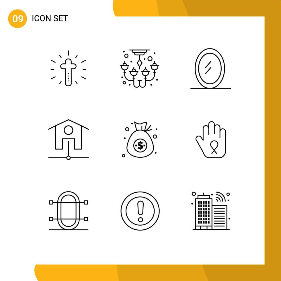 conjunto de pictogramas de 9 contornos simples de elementos de design de vetores editáveis de moeda interior do dólar de parada