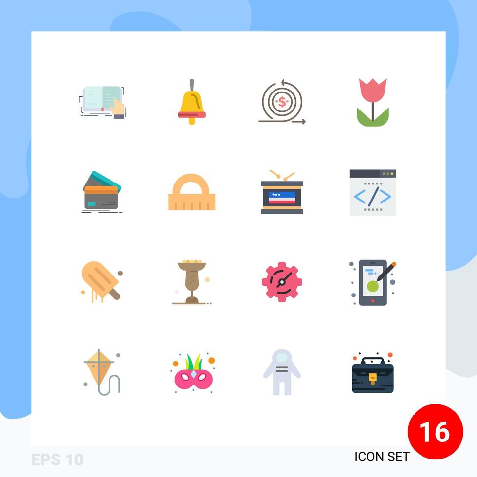 16 cores planas de vetores temáticos e símbolos editáveis de flor de macro de cartão de crédito retornam pacote editável de elementos de design de vetores criativos