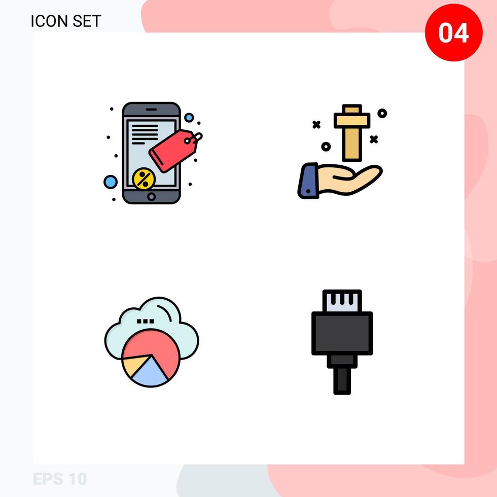 pacote de interface do usuário de 4 cores planas básicas de linhas preenchidas de elementos de design de vetores editáveis de nuvem de mão cruzada de conexão
