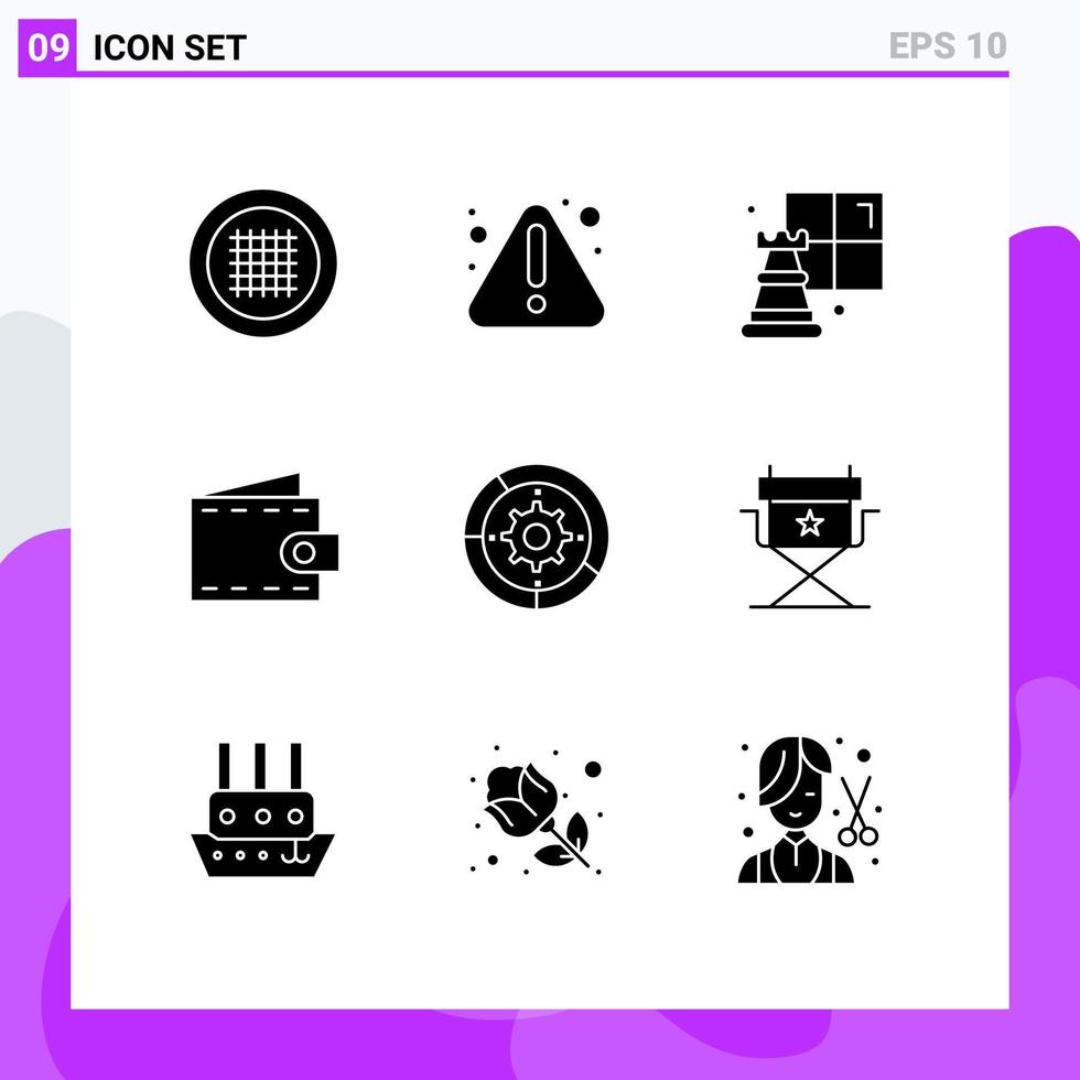 9 sinais de glifos sólidos universais, símbolos de configurações do motor, bolsa de engrenagens do jogo, elementos editáveis de design vetorial vetor
