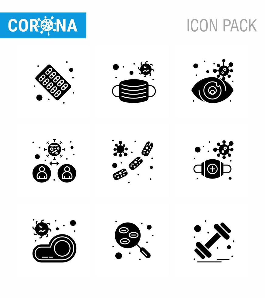 conjunto de ícones covid19 para infográfico 9 pacote preto de glifo sólido, como transmissão de bactéria olho pessoas bactérias vírus coronavírus 2019nov elementos de design de vetor de doença