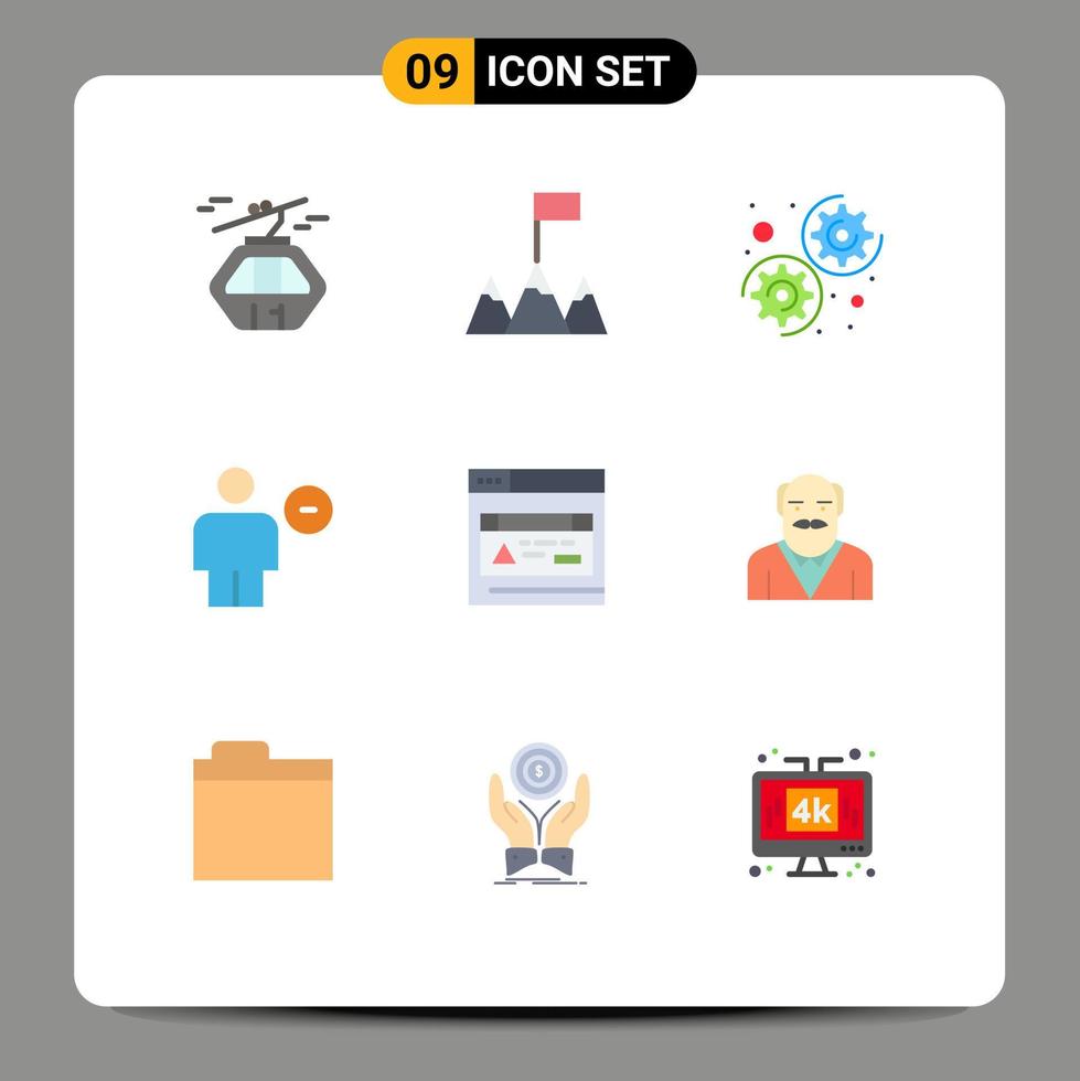 Pacote de cores planas de 9 interfaces de usuário de sinais e símbolos modernos de opções de interface de página da web menos excluir elementos de design de vetores editáveis