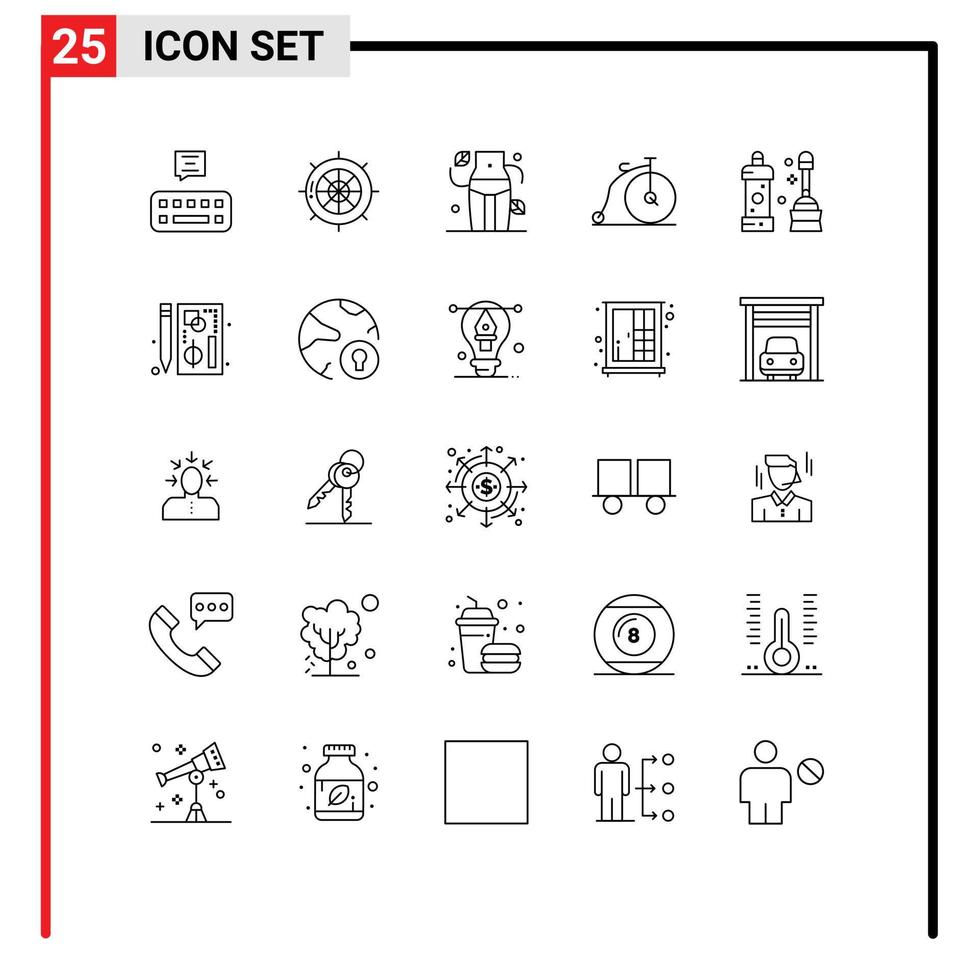 pacote de 25 linhas criativas de elementos de design de vetores editáveis de bicicleta de transporte de dieta de veículo mais limpo