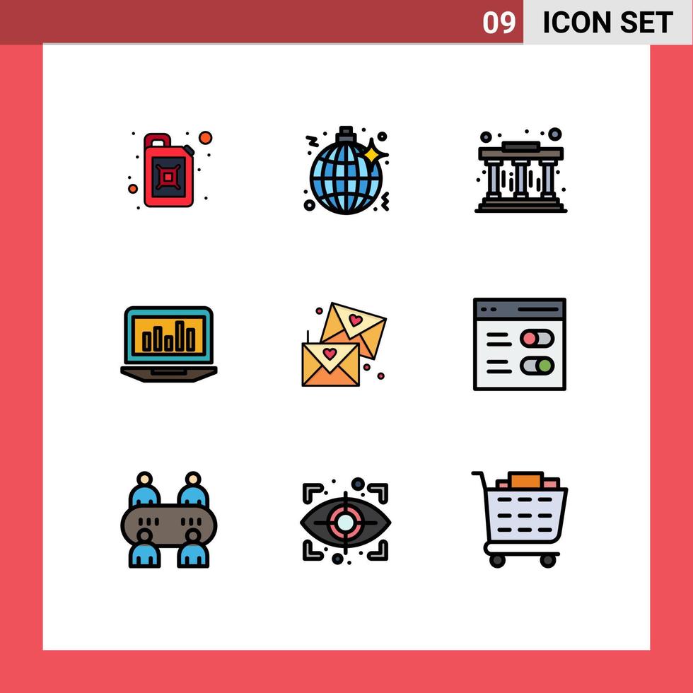 pacote de 9 cores planas criativas de linhas preenchidas de óculos pilares de e-mail estatísticas analíticas elementos de design de vetores editáveis