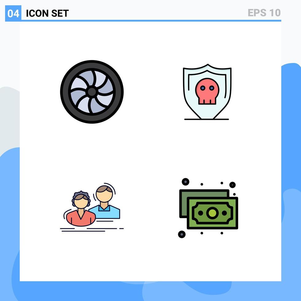 conjunto de pictogramas de 4 cores planas de linha preenchida simples da roda do funcionário do carro casal seguro elementos de design de vetores editáveis