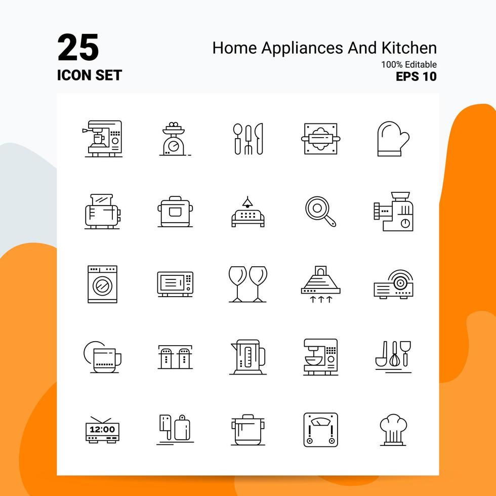 25 eletrodomésticos e conjunto de ícones de cozinha 100 eps editáveis 10 arquivos conceito de logotipo de negócios ideias design de ícone de linha vetor