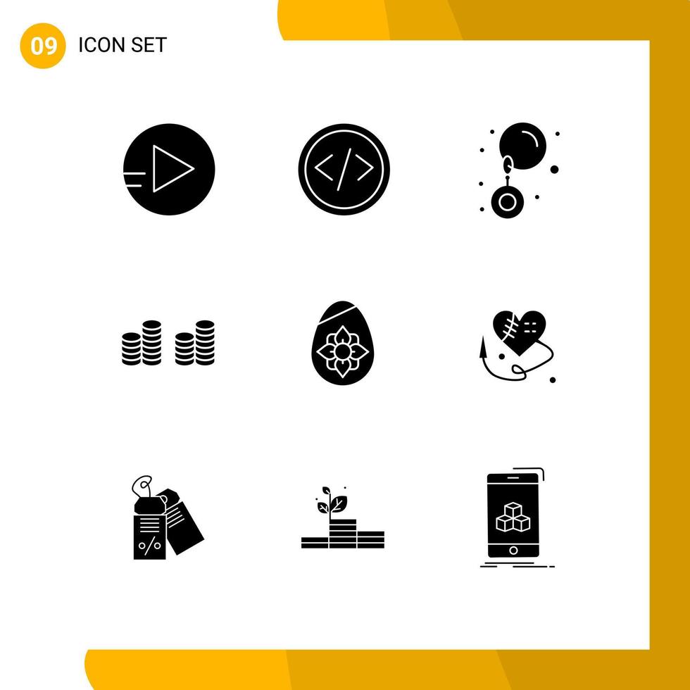 conjunto de glifos sólidos de interface móvel de 9 pictogramas de costura coração brincos de ovo de páscoa dinheiro de páscoa elementos de design de vetores editáveis