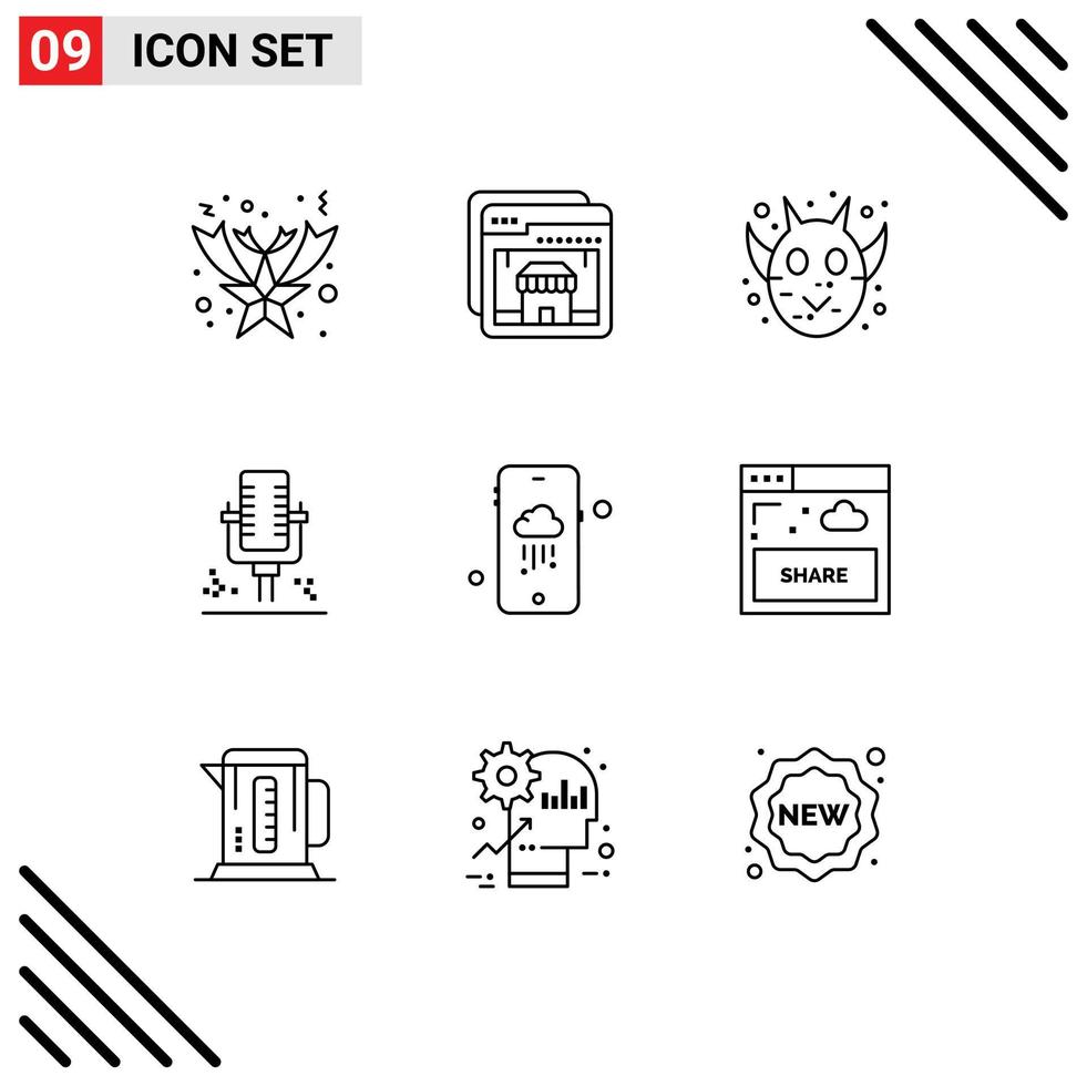 grupo de símbolos de ícones universais de 9 contornos modernos de elementos de design vetorial editáveis de microfone de gravação de rosto móvel chuvoso vetor