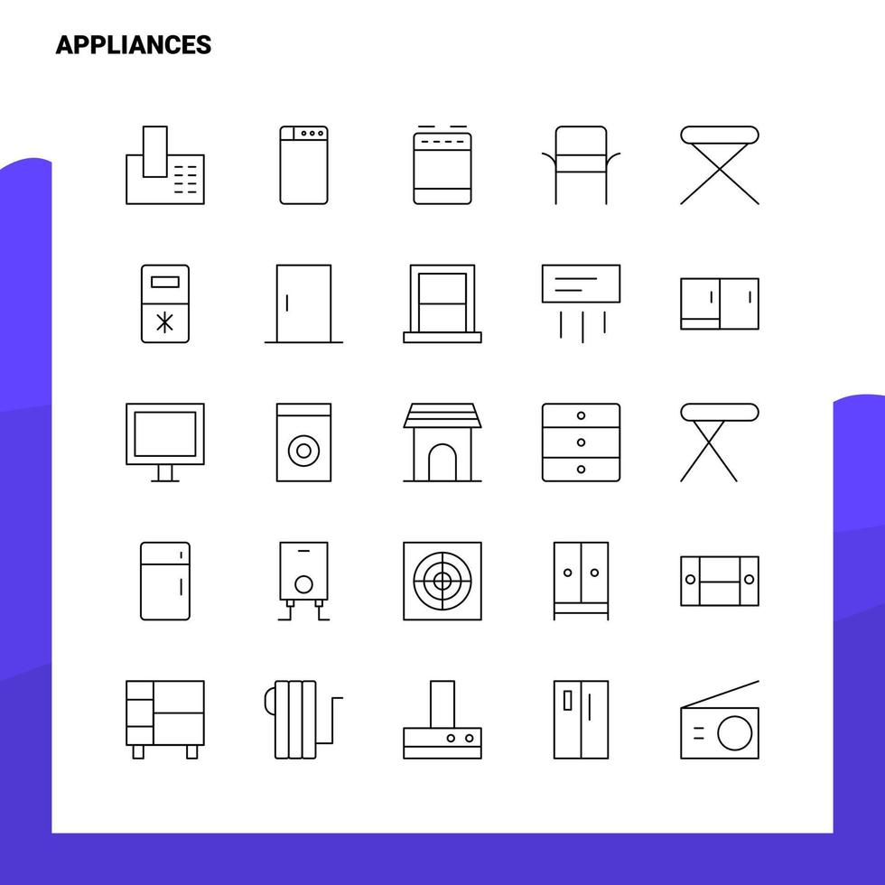 conjunto de ícones de linha de aparelhos conjunto 25 ícones vetor design de estilo minimalista ícones pretos conjunto de pacote de pictograma linear