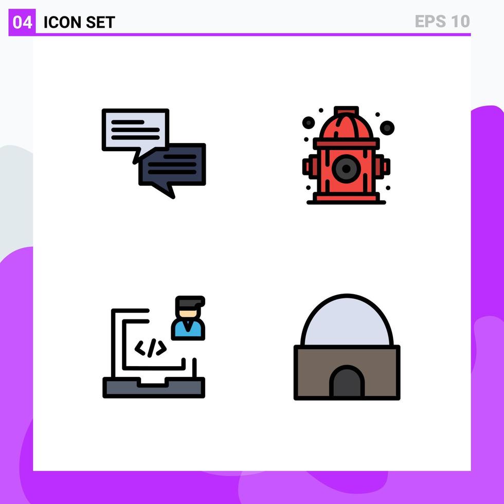 Pacote de cores planas de 4 linhas preenchidas de interface de usuário de sinais e símbolos modernos de codificação de fogo de laptop de bate-papo construindo elementos de design vetorial editáveis vetor