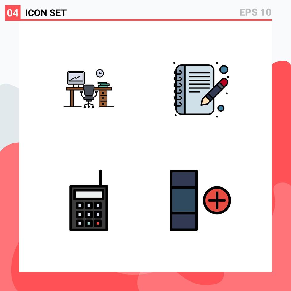 4 interface de usuário pacote de cores planas de linha cheia de sinais e símbolos modernos de hardware de escritório mesa de escritório editar elementos de design de vetores editáveis