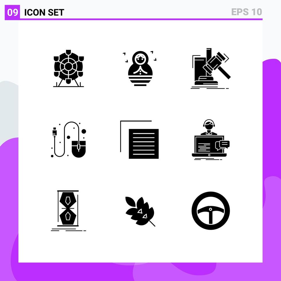 pacote de linha vetorial editável de 9 glifos sólidos simples de ferramenta de arquivo martelo mouse computador elementos de design vetorial editáveis vetor