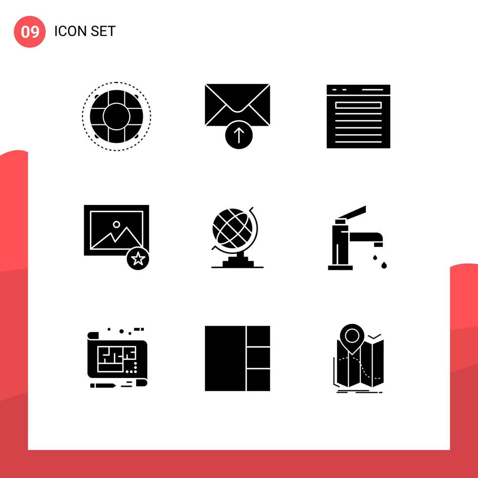 pacote de 9 glifos sólidos criativos de foto de geografia adicionar elementos de design de vetores editáveis de site de imagem