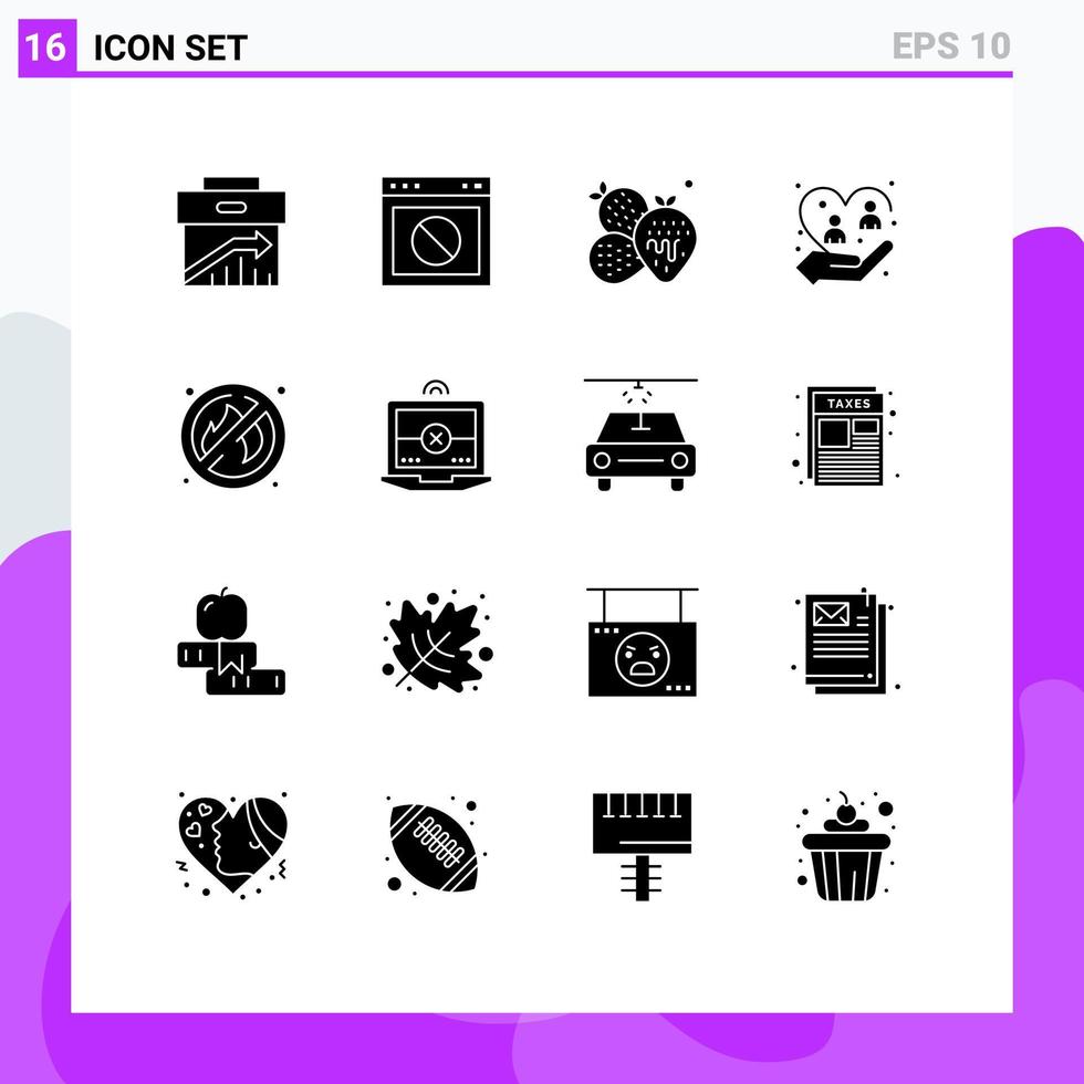 Pacote de glifos sólidos de 16 interfaces de usuário de sinais e símbolos modernos de pessoas que se importam com elementos de design de vetores editáveis de frutas de cuidado na web