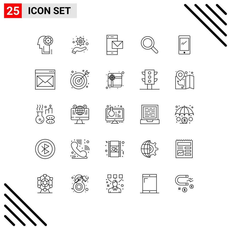grupo de símbolos de ícone universal de 25 linhas modernas de mensagem de pesquisa de telefone inteligente lupa elementos de design de vetores editáveis