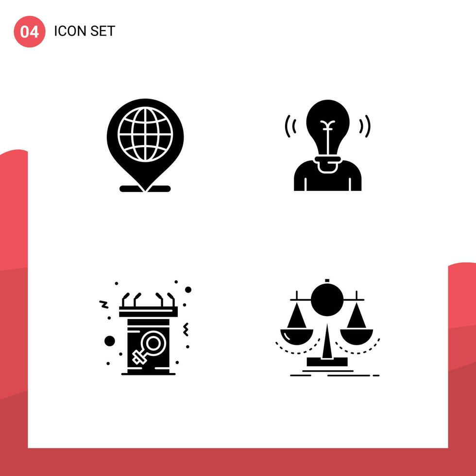 grupo de símbolos de ícone universal de 4 glifos sólidos modernos de localização de anúncio global usuário feminino elementos de design de vetores editáveis