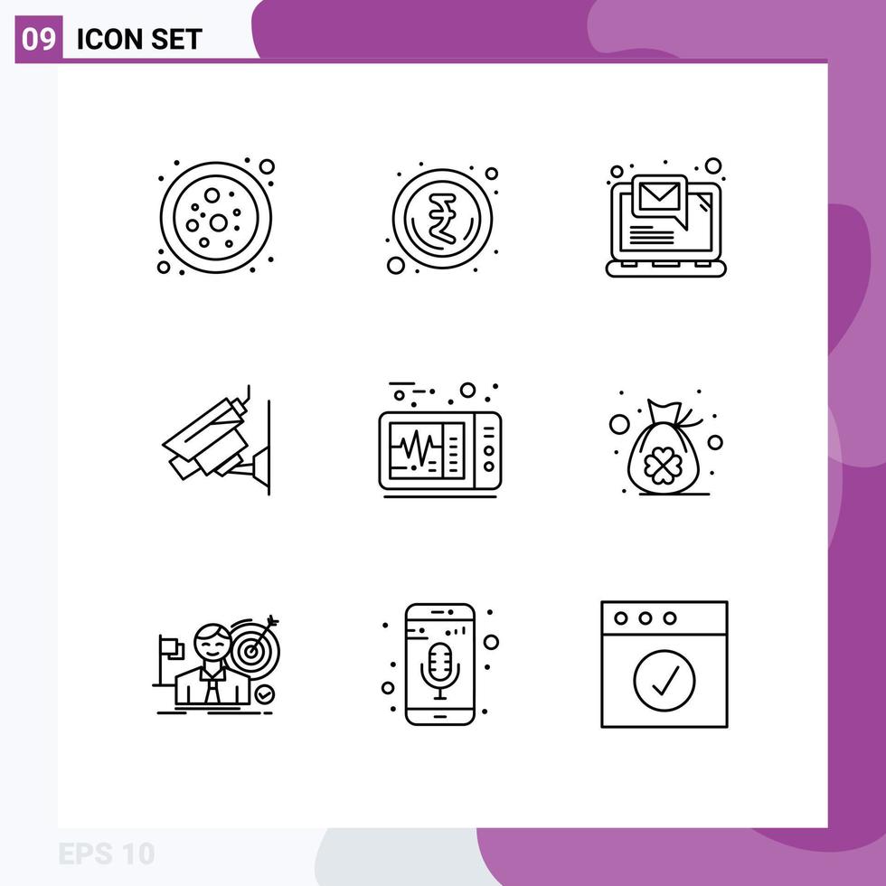 conjunto de 9 sinais de símbolos de ícones modernos de interface do usuário para bolsa, batimento cardíaco, laptop, eletrocardiograma, segurança, elementos de design de vetores editáveis