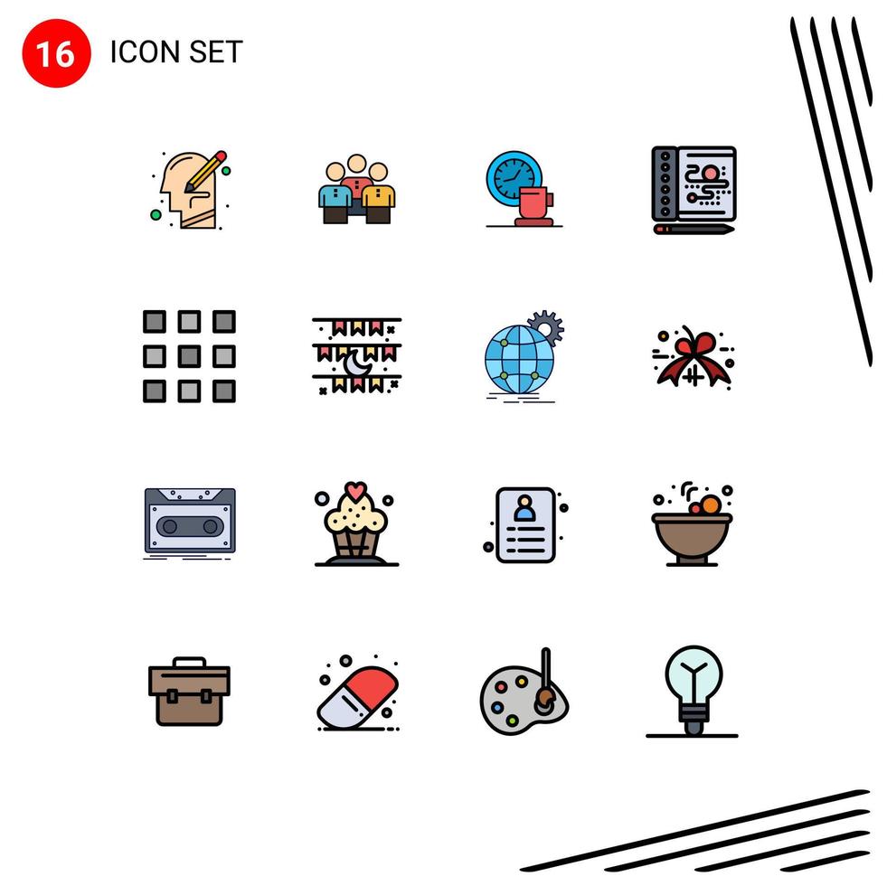 conjunto de linha cheia de cores planas de interface móvel de 16 pictogramas de tempo criativo pessoas xícara de café elementos de design de vetores criativos editáveis
