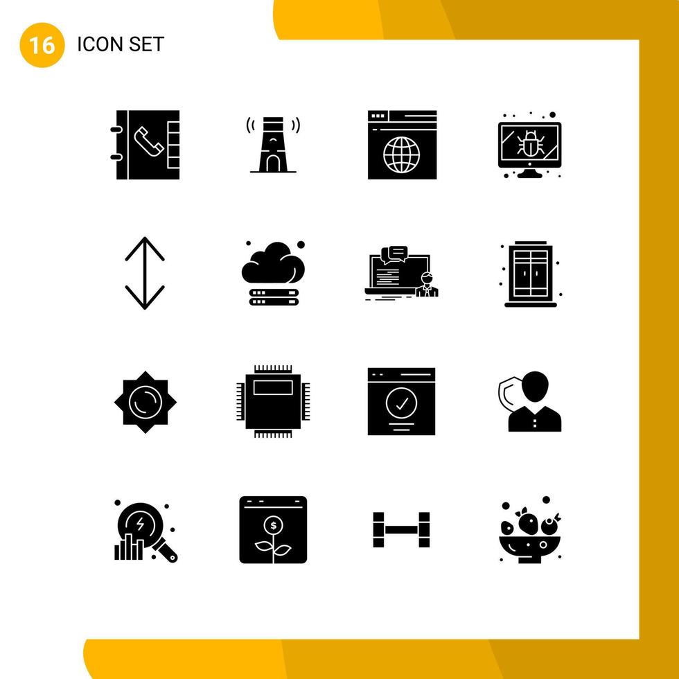 pacote de 16 sinais e símbolos de glifos sólidos modernos para mídia de impressão na web, como elementos de design de vetores editáveis de tela de seta de servidor em nuvem