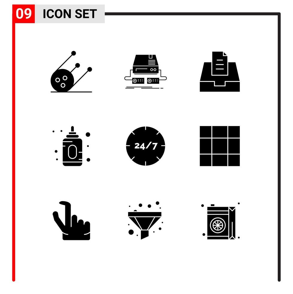 grupo de 9 glifos sólidos modernos definidos para ajudar a cuidar da caixa de entrada durante todo o dia elementos de design de vetores editáveis para crianças