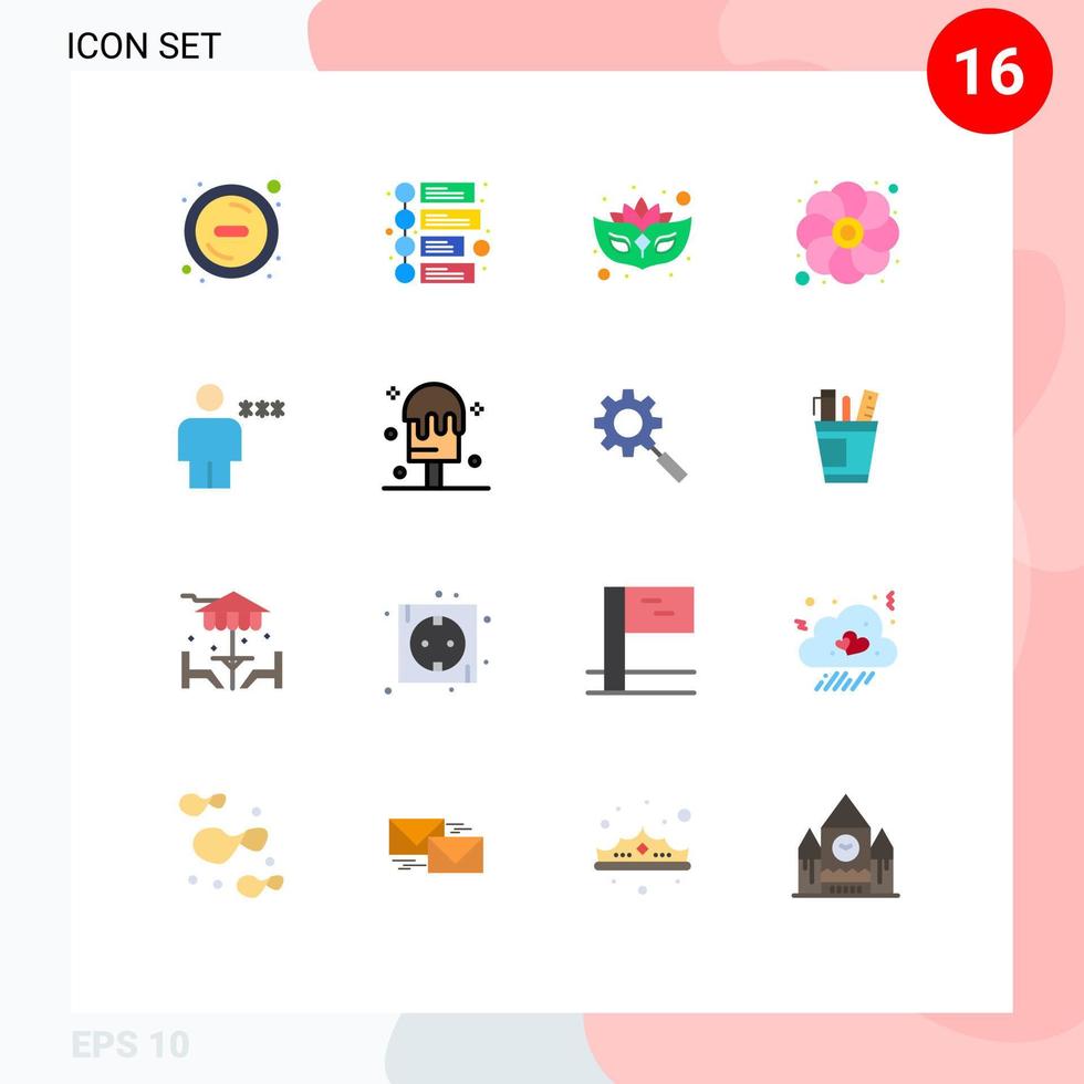 conjunto moderno de pictograma de 16 cores planas de bloco de máscara de corpo bloqueado pacote editável de girassol de elementos de design de vetores criativos