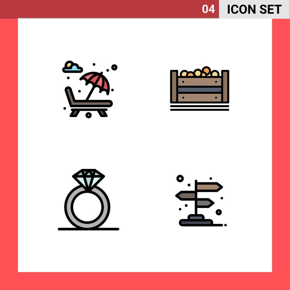 conjunto de 4 sinais de símbolos de ícones de interface do usuário modernos para cama de sol diamante romance comida anel editável elementos de design vetorial vetor