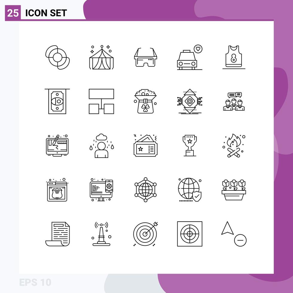 grupo de símbolos de ícones universais de 25 linhas modernas de roupas, camisa, óculos, basquete, amor, elementos de design vetorial editáveis vetor