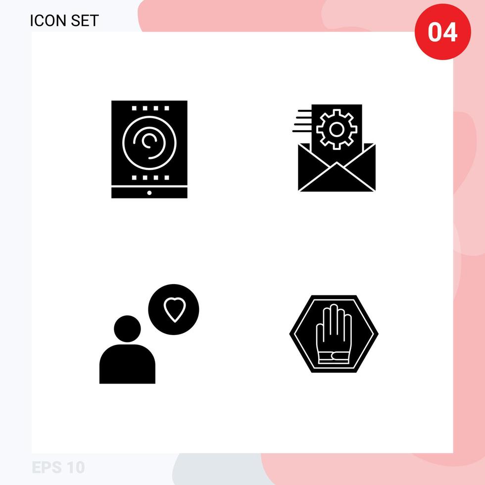 pacote de 4 sinais e símbolos de glifos sólidos modernos para mídia de impressão na web, como gerenciamento de dados de tablet de amor de escritório, parar elementos de design vetorial editáveis vetor