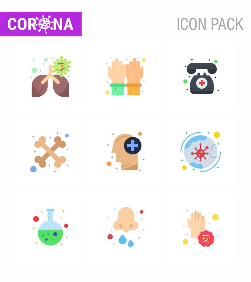 9 pacote de ícones de coronavírus covid19 de cores planas, como médico de cérebro médico de plantão ossos de esqueleto vírus viral doença de 2019nov vetor elementos de design