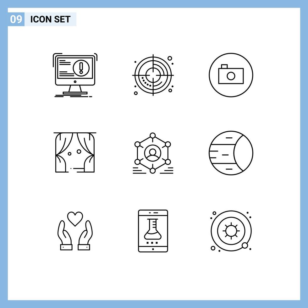 pacote de 9 sinais e símbolos de contornos modernos para mídia impressa na web, como elementos de design de vetores editáveis de entretenimento de câmera de usuário eua