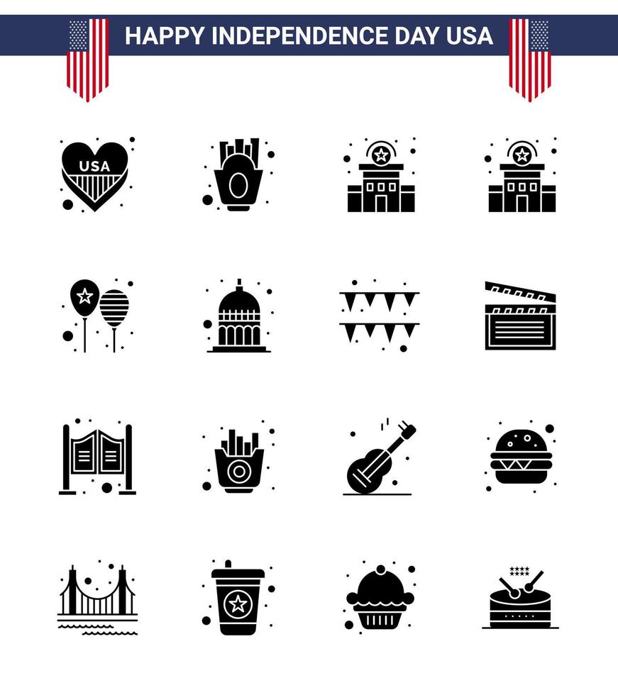 feliz dia da independência 4 de julho conjunto de 16 glifos sólidos pictograma americano de festa de indiana construção de balões de dia editáveis elementos de design de vetor de dia dos eua