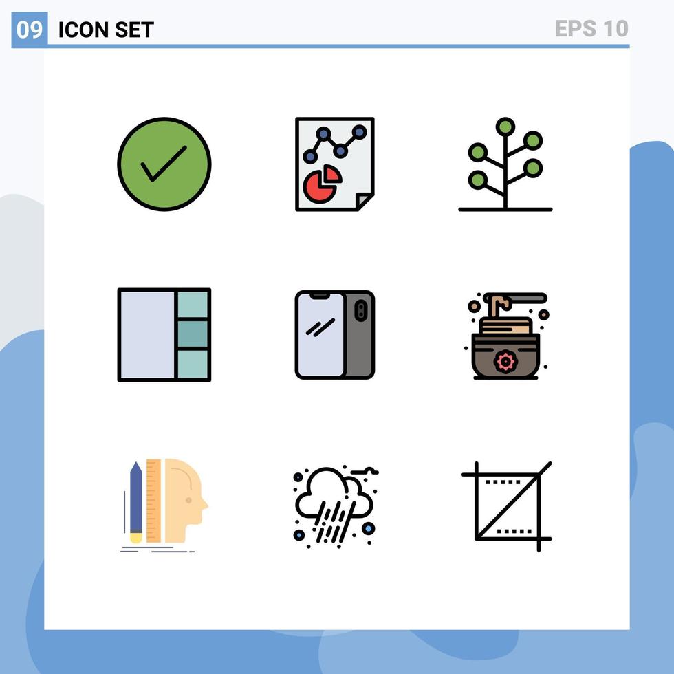 conjunto de pictogramas de 9 cores planas de linhas preenchidas simples de elementos de design de vetores editáveis de árvore de layout de relatório de telefone móvel